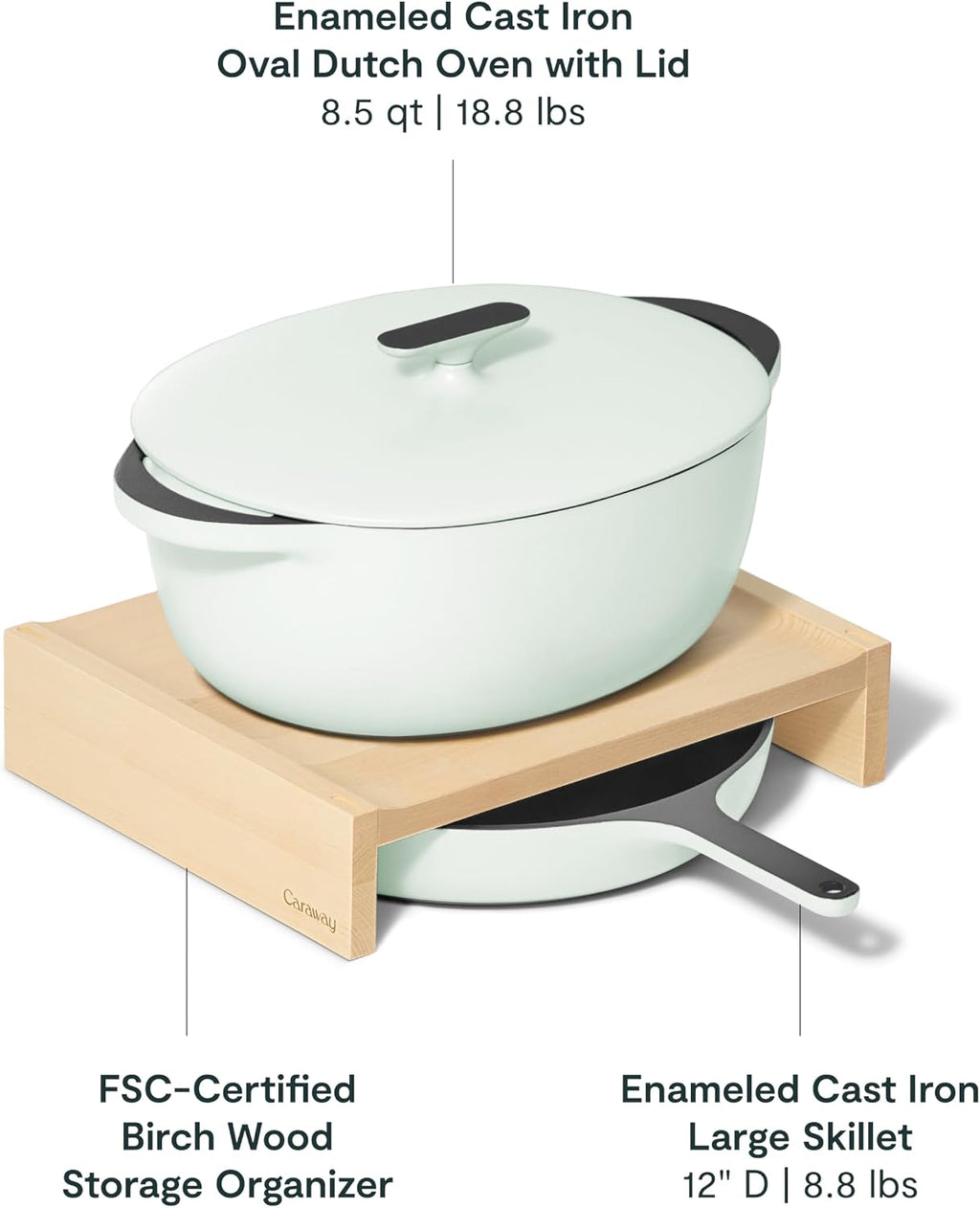 Caraway 4-Piece Enameled Cast Iron Duo - 12' Skillet, 8.5 qt Dutch Oven with Lid and Storage Organizer - Non-Toxic 3-Layer Enamel Coating - No Seasoning Required - Light Mist