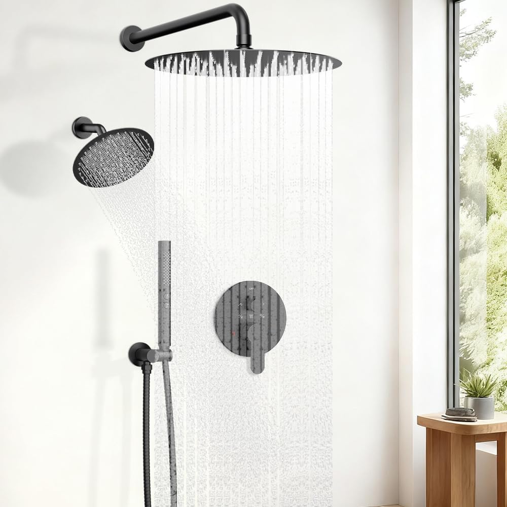Shower Systems STARBATH 12+6' Round Dual Rainfall Shower Head with Handheld Spray for Two People, Wall Mounted 3 Way Rain Shower Faucet Sets Complete, Included Valve and Trim Kit, Matte Black