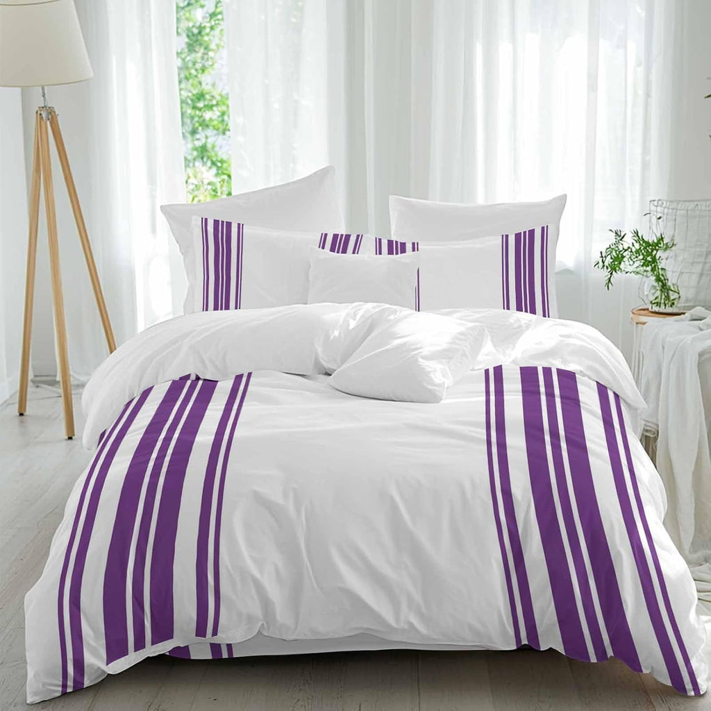 Dark Purple and White Striped Duvet Cover Set Queen Size 4 Pieces Modern Minimalist Vertical Lines Bedding Set with Zipper Closure, 1 Comforter Cover 86x86 Inches 1 Flat Sheet & 2 Pillow Cases