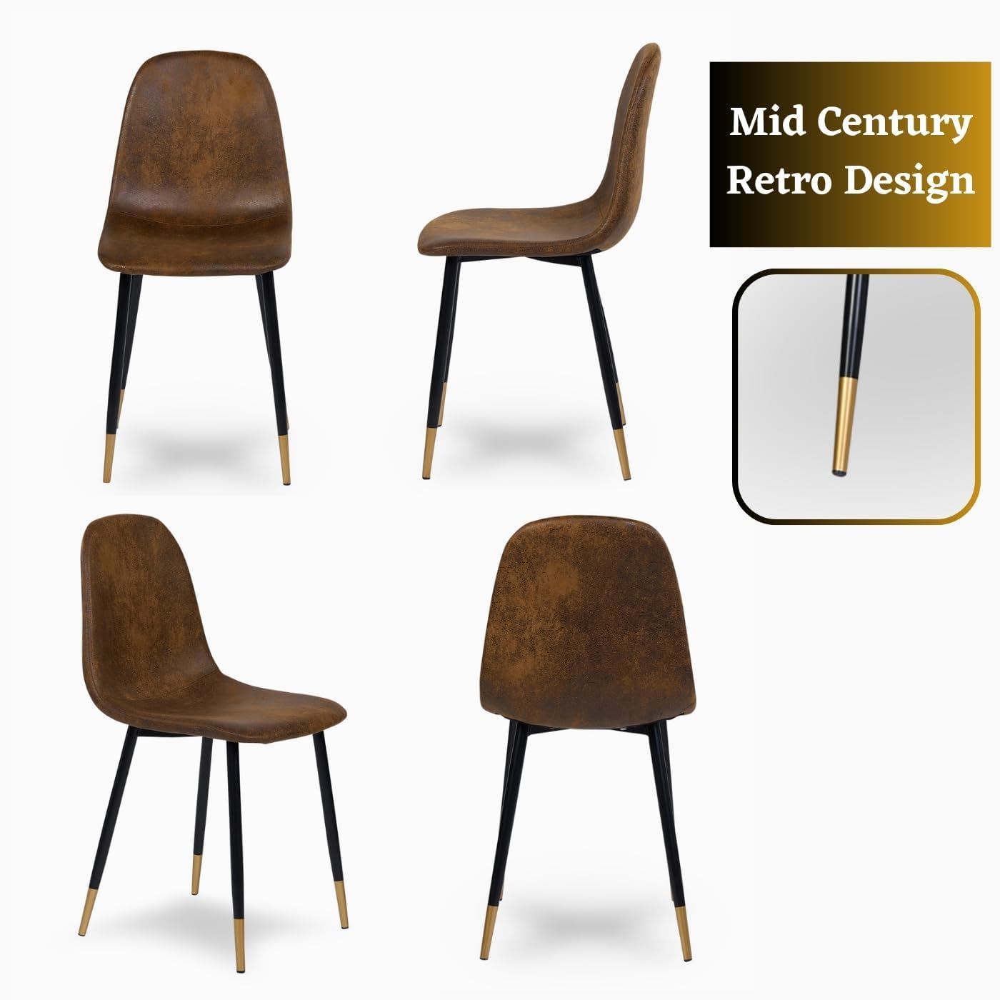 Homy Casa Dining Chairs Set of 4, Classical Mid-Century Style Kitchen Dining Chairs Black Gold Metal Legs Accent Chairs Comfortable Living Room Side Chairs for Kitchen Lounge Farmhouse, Rustic Brown