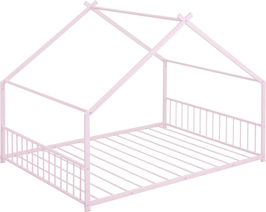 Bellemave Full Floor BedFrame with Slats for Kids, Metal Montessori Floor Beds, Full House Bed for Kids, Pink with roof