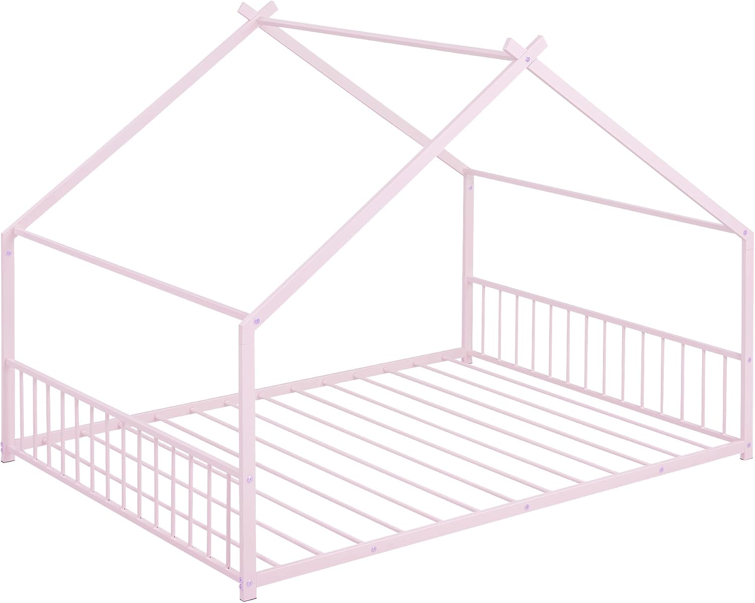 Bellemave Full Floor BedFrame with Slats for Kids, Metal Montessori Floor Beds, Full House Bed for Kids, Pink with roof
