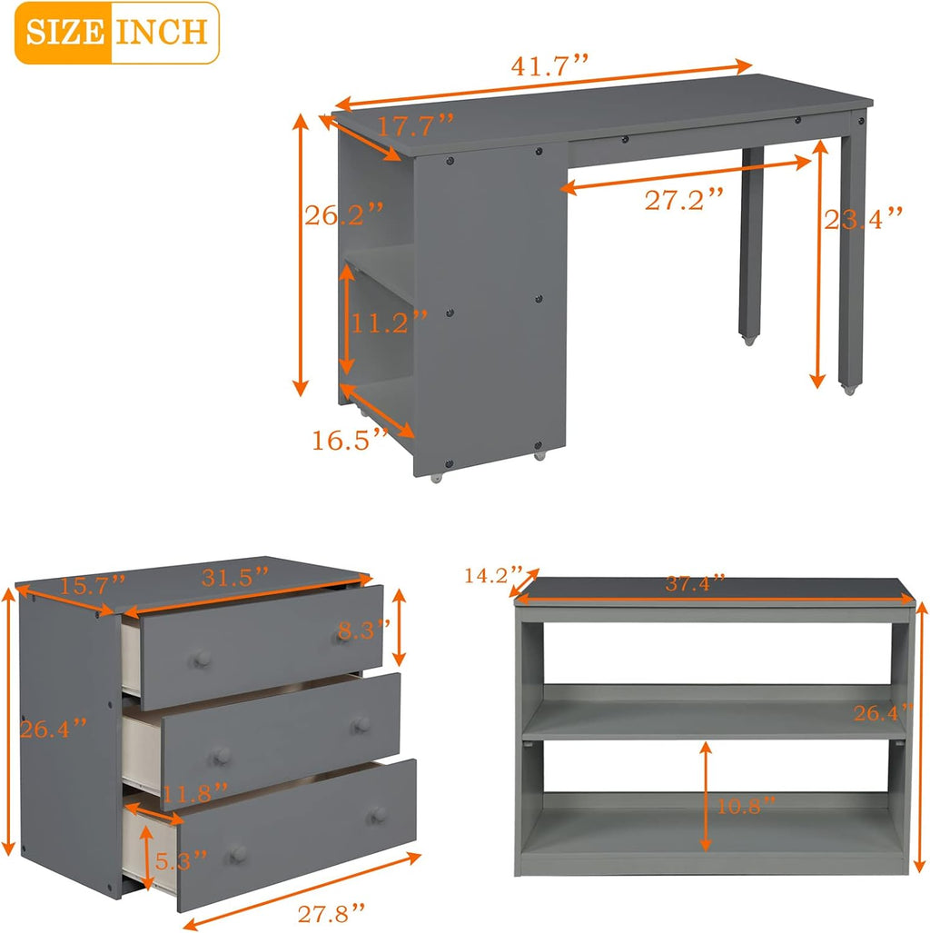 Bellemave Low Loft Bed Wood Loft Bed Frame with Storage Cabinet and Rolling Portable Desk for Kids and Teen, Boys, Girls, Twin,Gray