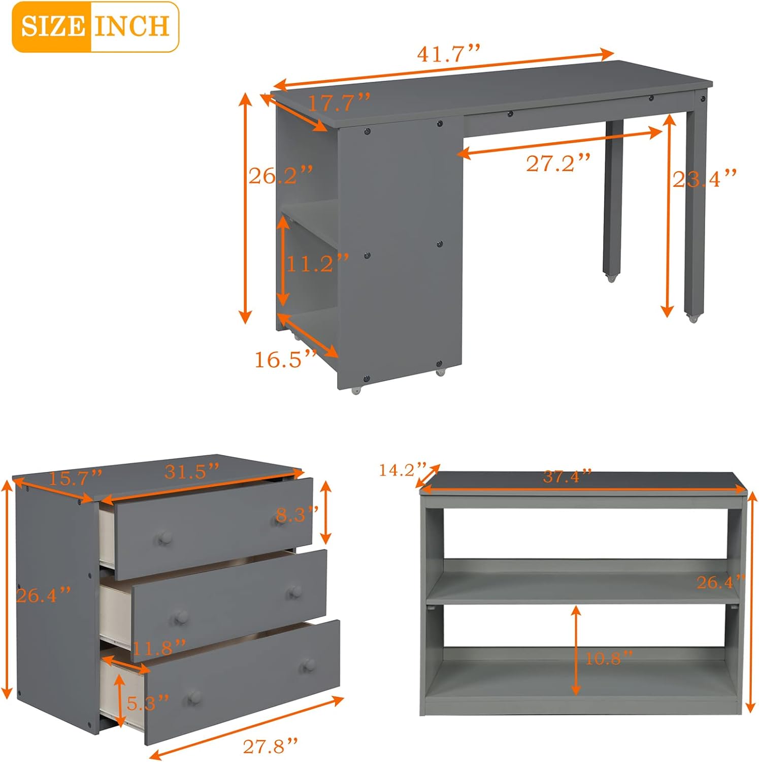 Bellemave Low Loft Bed Wood Loft Bed Frame with Storage Cabinet and Rolling Portable Desk for Kids and Teen, Boys, Girls, Twin,Gray