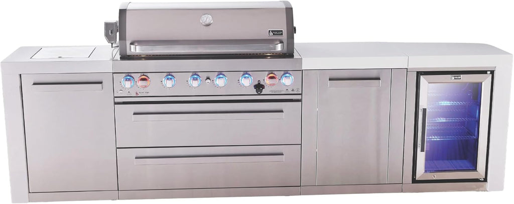 Mont Alpi Premium 119'W x 23'D Deluxe Stainless Steel Outdoor Kitchen Island with Refrigerator + 44'W 6-Burner BBQ Grill + Granite Countertops + Storage Cabinets + Chopping Board + Rotisserie + Cover