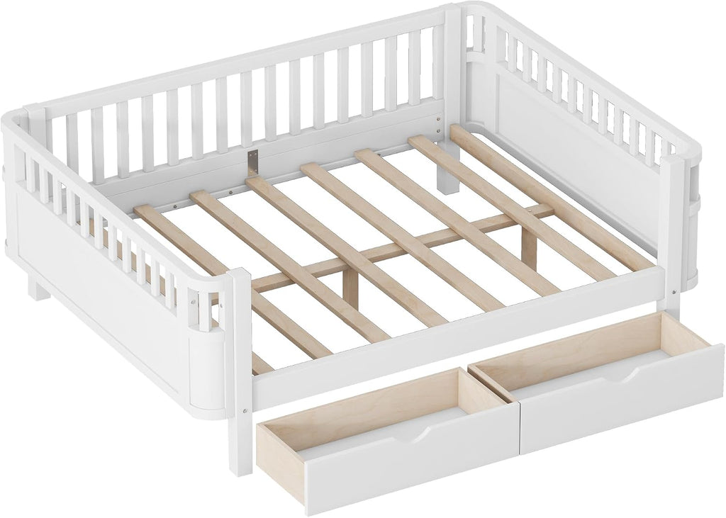 Full Kids Bed with Storage Drawers & Rails, Wood Low Montessori Beds with Detachable Side Rails & Slats, Modern Daybed for Boys Girls Bedroom, Kids Full Platform Bed, White