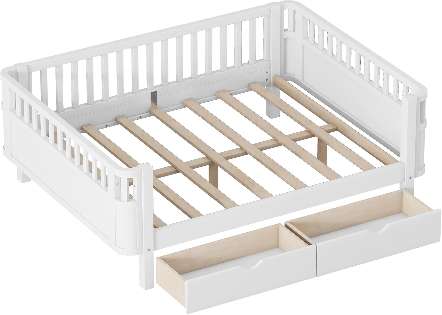 Full Kids Bed with Storage Drawers & Rails, Wood Low Montessori Beds with Detachable Side Rails & Slats, Modern Daybed for Boys Girls Bedroom, Kids Full Platform Bed, White
