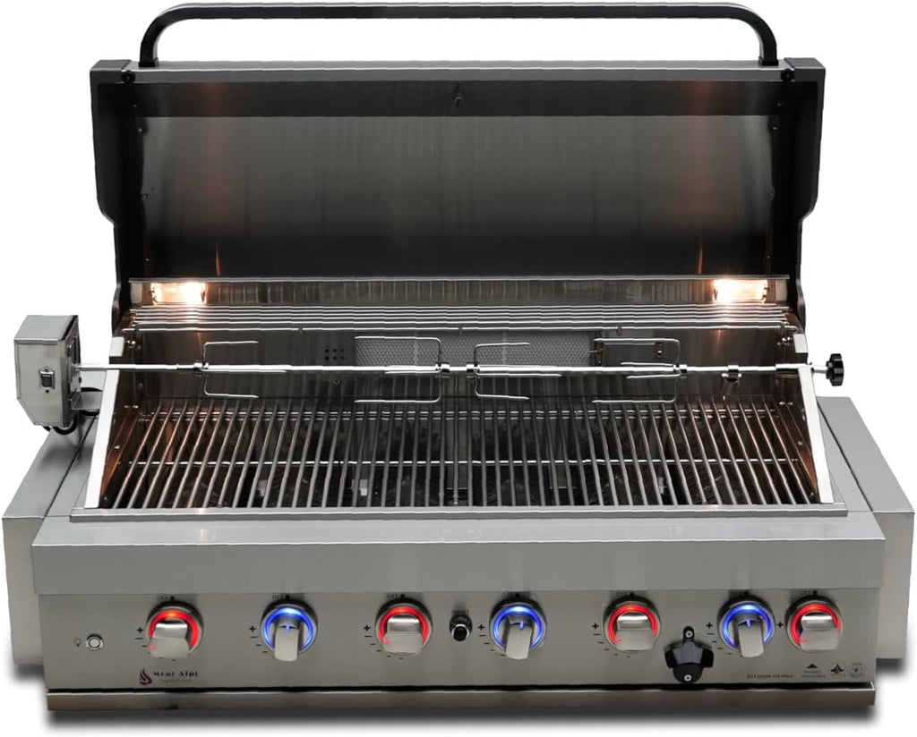 Mont Alpi MABi805-TOOLKIT 44-inch 6 Burner 87000 BTU Stainless Steel Built-in BBQ Gas Grill + Universal Flat Top Griddle Kit and Pizza Converter + Barbecue 3 Piece Tool Kit with Cleaning Brush