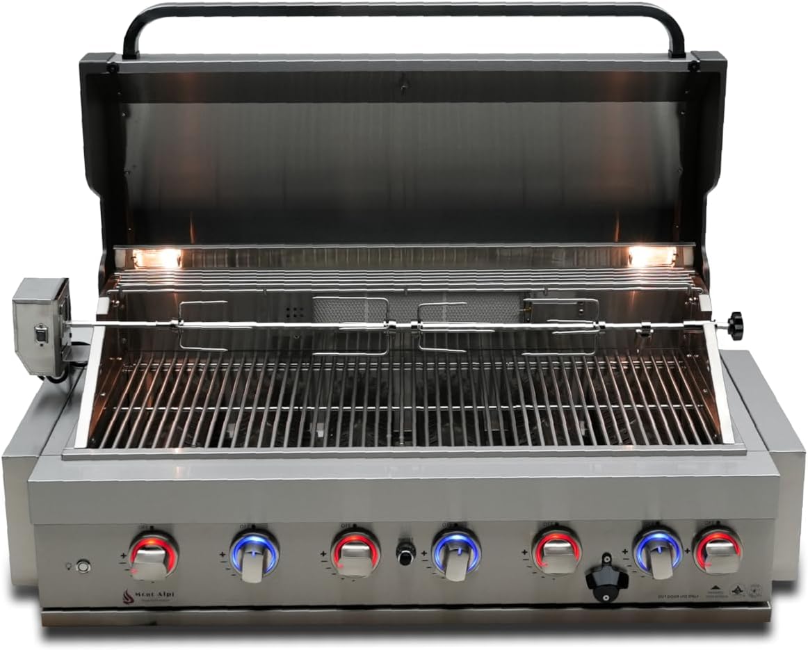 Mont Alpi MABi805-TOOLKIT 44-inch 6 Burner 87000 BTU Stainless Steel Built-in BBQ Gas Grill + Universal Flat Top Griddle Kit and Pizza Converter + Barbecue 3 Piece Tool Kit with Cleaning Brush