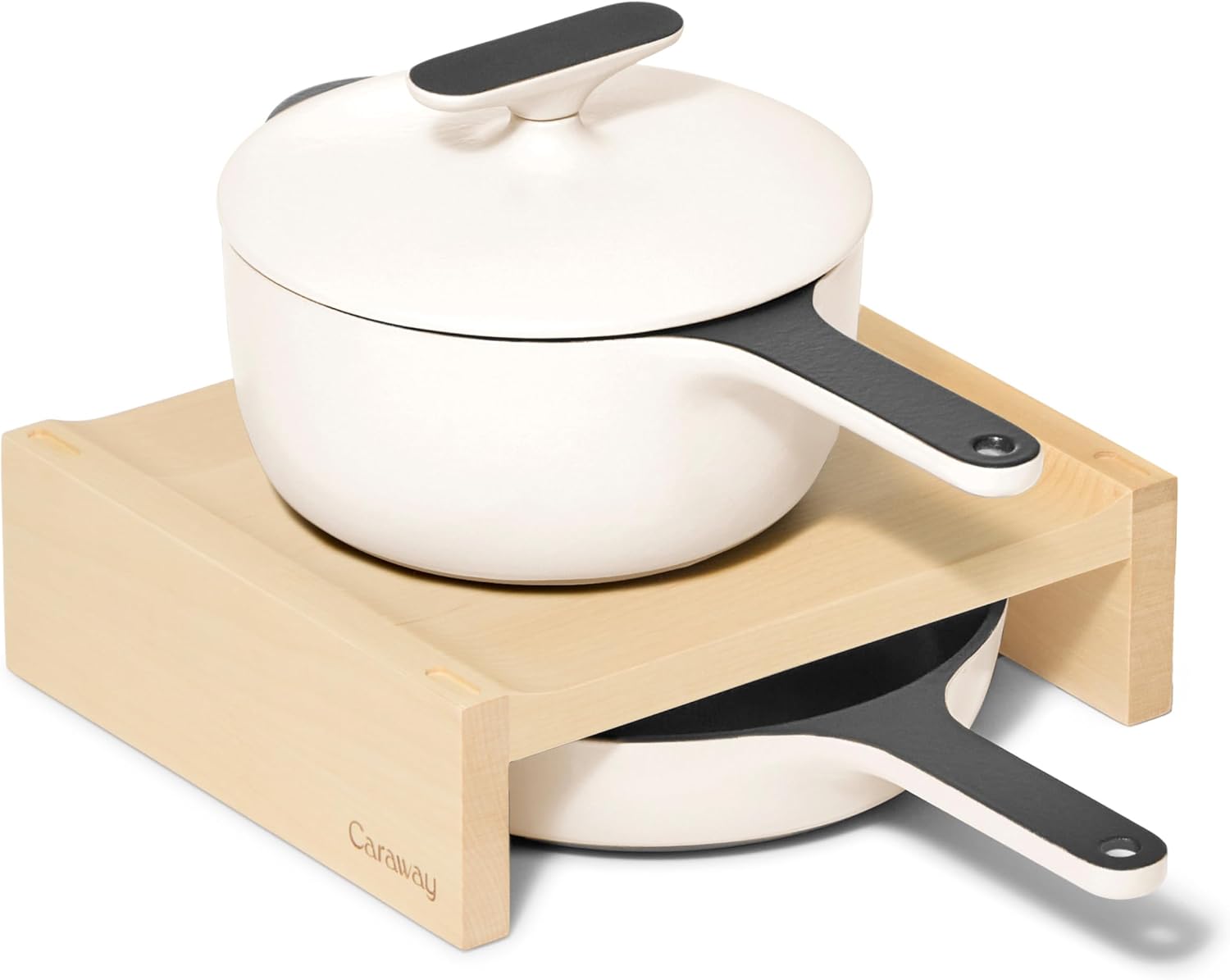 Caraway Enameled Cast Iron Bundle - 8' Mini Skillet, 1.8 qt Sauce Pan with Lid & Storage Organizer - Durable, Non-Toxic Cookware for Stovetop & Oven - No Seasoning Required - Cream