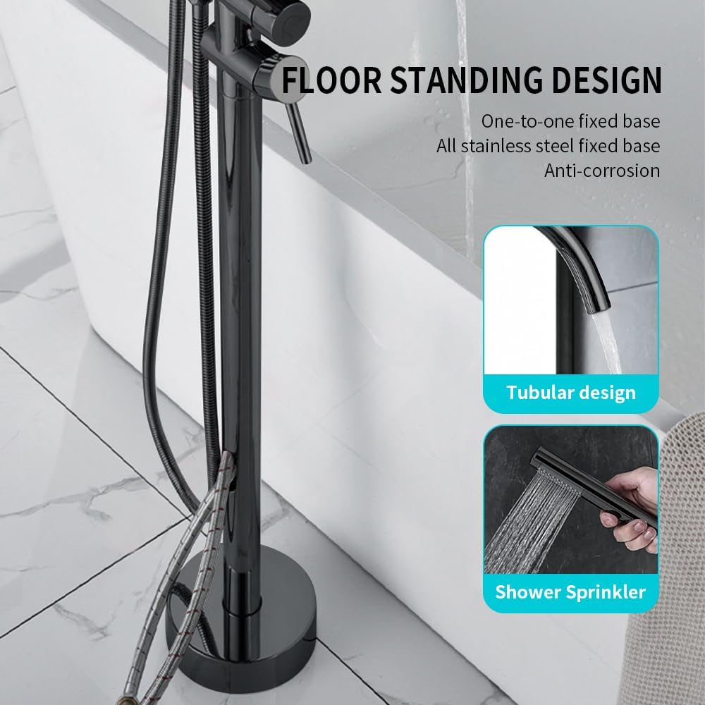 Floor Mount Bathtub Faucet, Freestanding Tub Filler, Standing Swivel Spout Shower Faucets Shower Mixer Taps with Cylinder Handheld Shower (Black, With Embedded Box)