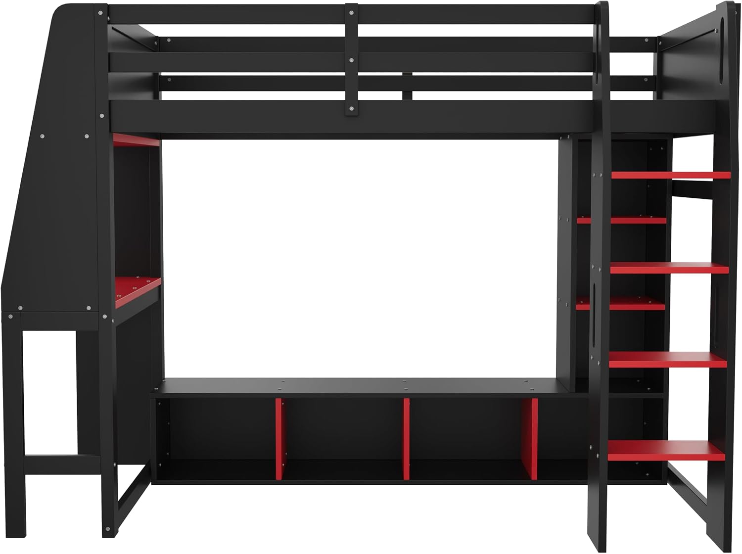 SOFTSEA Twin Size Gaming Loft Bed with Desk, Solid Wood Loft Bed with Wardrobe and Storage Shelves, Gaming Loft Bed Frame with LED Lights for Kids Teens Adults, Black & Red