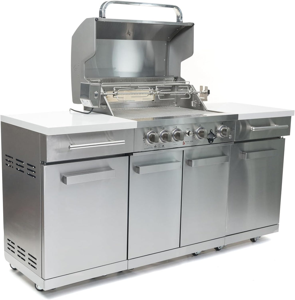 Mont Alpi Premium 70'W x 24'D x 46'H Stainless Steel Outdoor Kitchen Island with 32'W 4-Burner BBQ Grill plus Accessory Bundle - Natural Gas Conversion Kit + Dual Sided Griddle Plate + Charcoal Tray