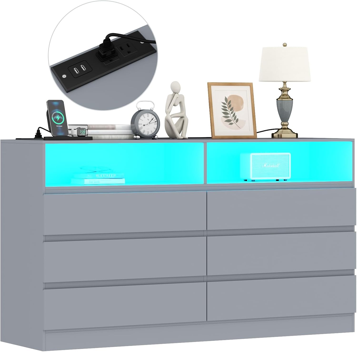 Gyfimoie 6 Drawers Dresser with Power Outlet, Accent Chests of Drawers with LED Light, Modern Storage Dresser for Bedroom, Living Room