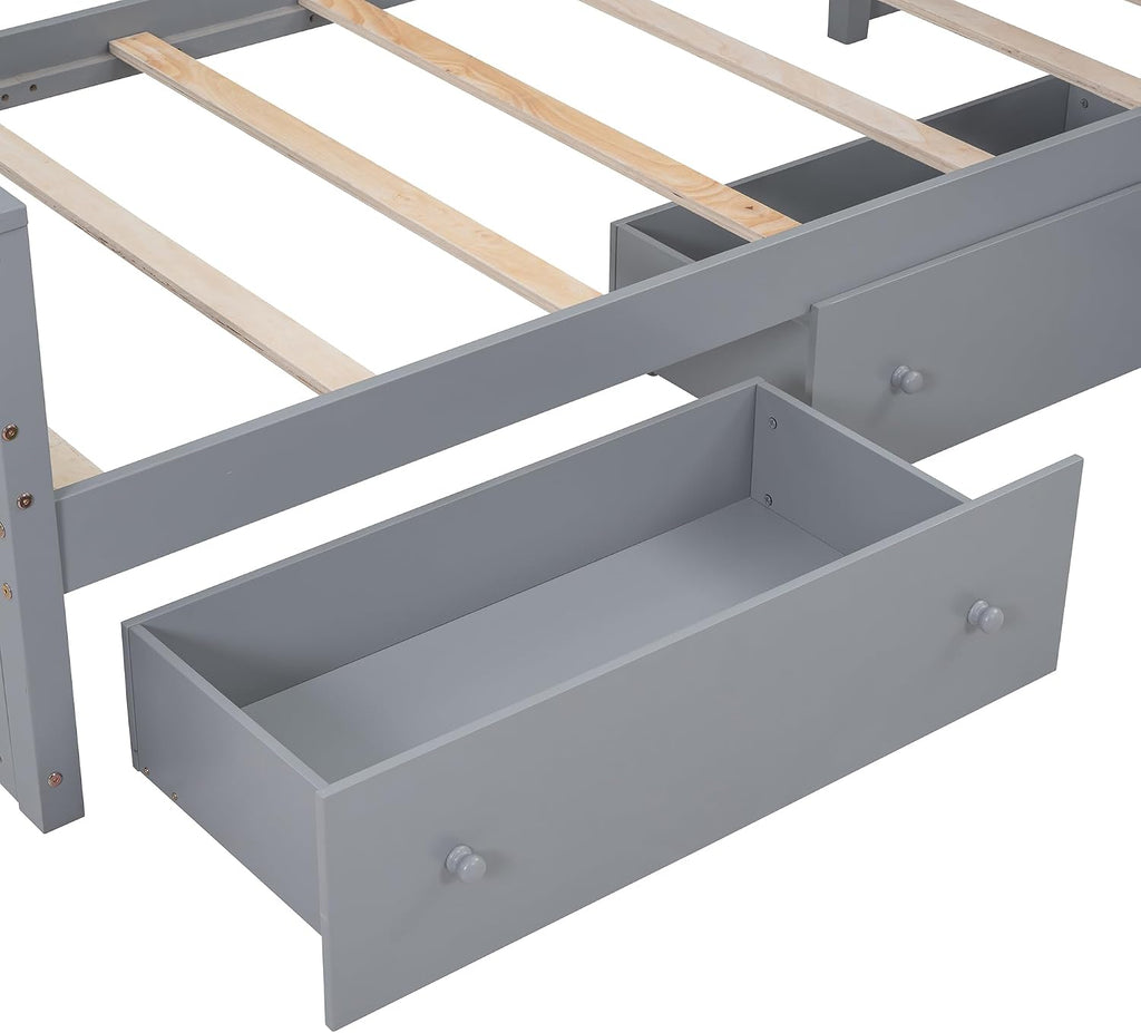 L-shaped Twin Low Loft Bed with Twin Platform Bed, Solid Wood Kids Beds Frame with 7 Drawers and Full Guardrails for Boys Girls, 2 Beds in 1 Design (Gray-L2B)