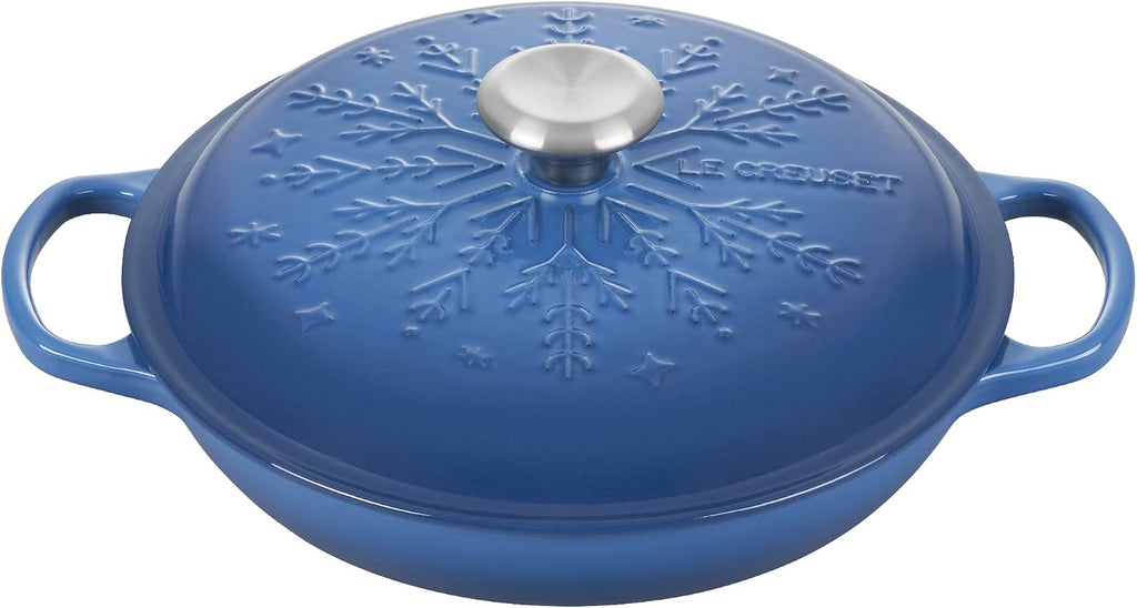 Le Creuset Noel Collection: Signature Cast Iron Braiser Embossed Snowflake w/Stainless Steel Knob, 2.25 qt., Marseille