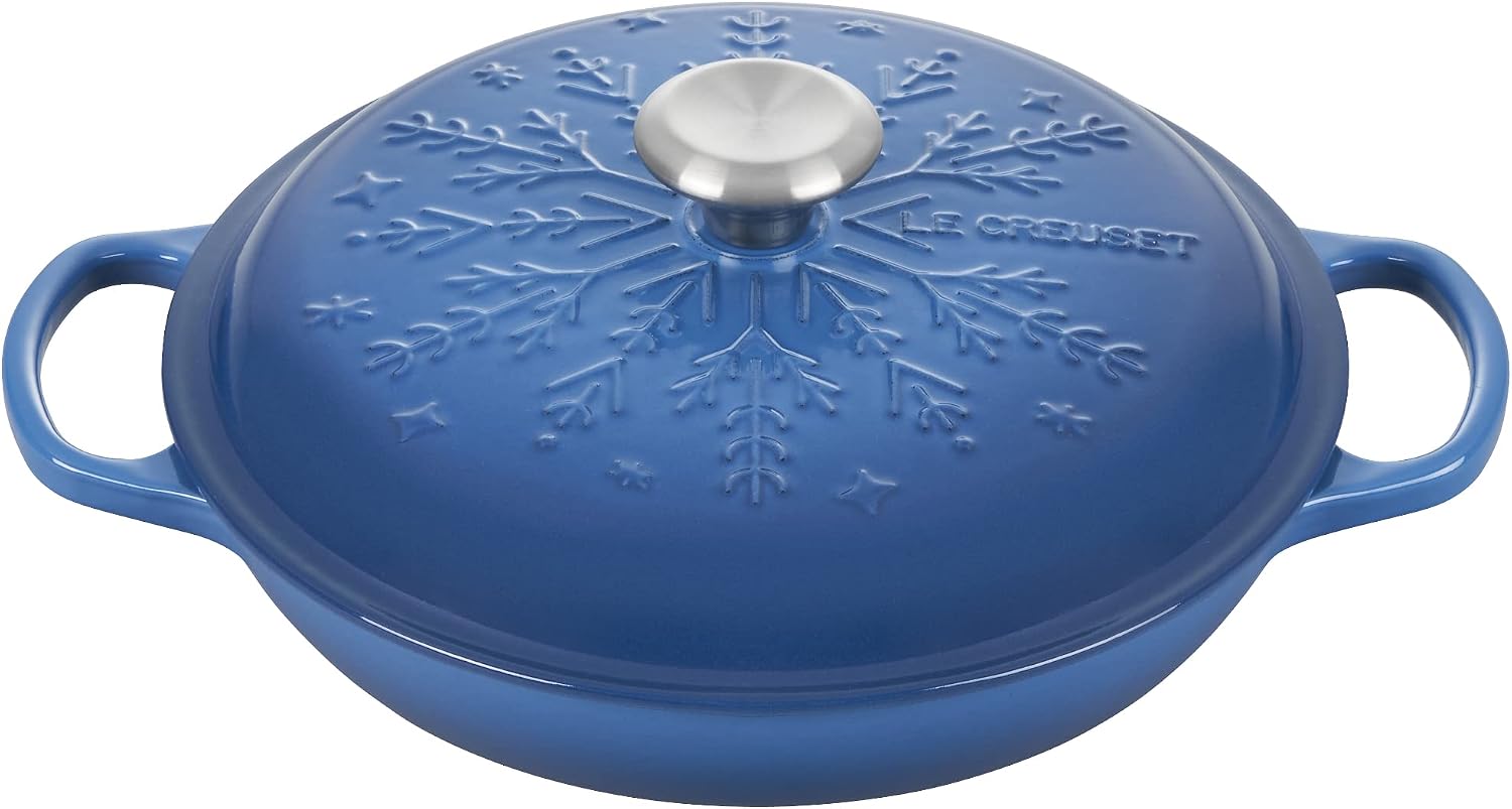 Le Creuset Noel Collection: Signature Cast Iron Braiser Embossed Snowflake w/Stainless Steel Knob, 2.25 qt., Marseille
