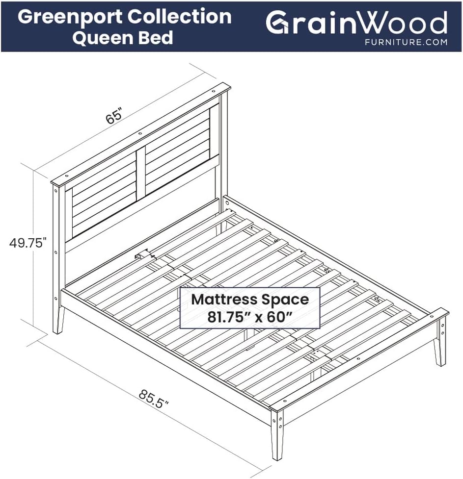 Grain Wood Furniture Greenport Solid Wood Platform Bed, Queen Size, Brushed Grey