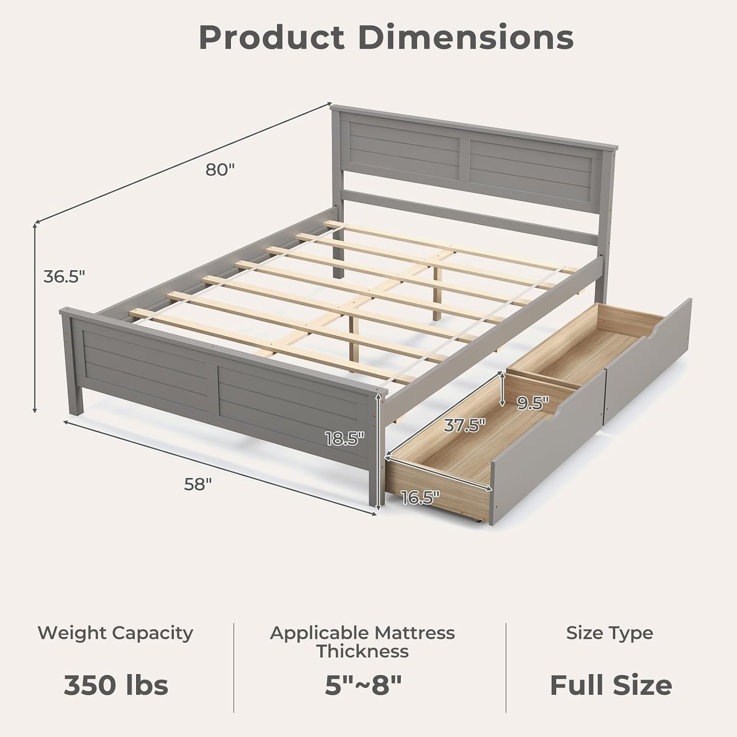 Giantex Wood Full Size Bed Frame with 2 Storage Drawers, Solid Wood Platform Bed with Headboard, Wooden Slats Mattress Foundation, No Spring Needed, Full Bed Frame for Kids, Teens, Adults, Grey
