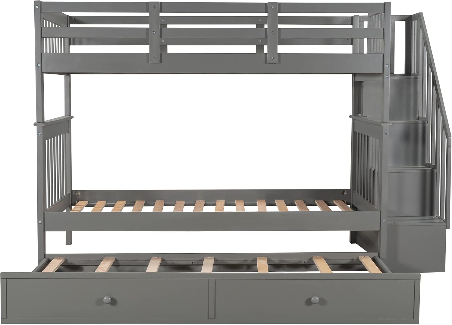 Wooden Twin Size Bunk Bed with Trundle & Storage Staircase & Shelves,Twin over Twin Bunk Bed Frame with Safety Guardrails,Headboard and Footboard for Kids Teens Adults,No Box Spring Needed,Grey
