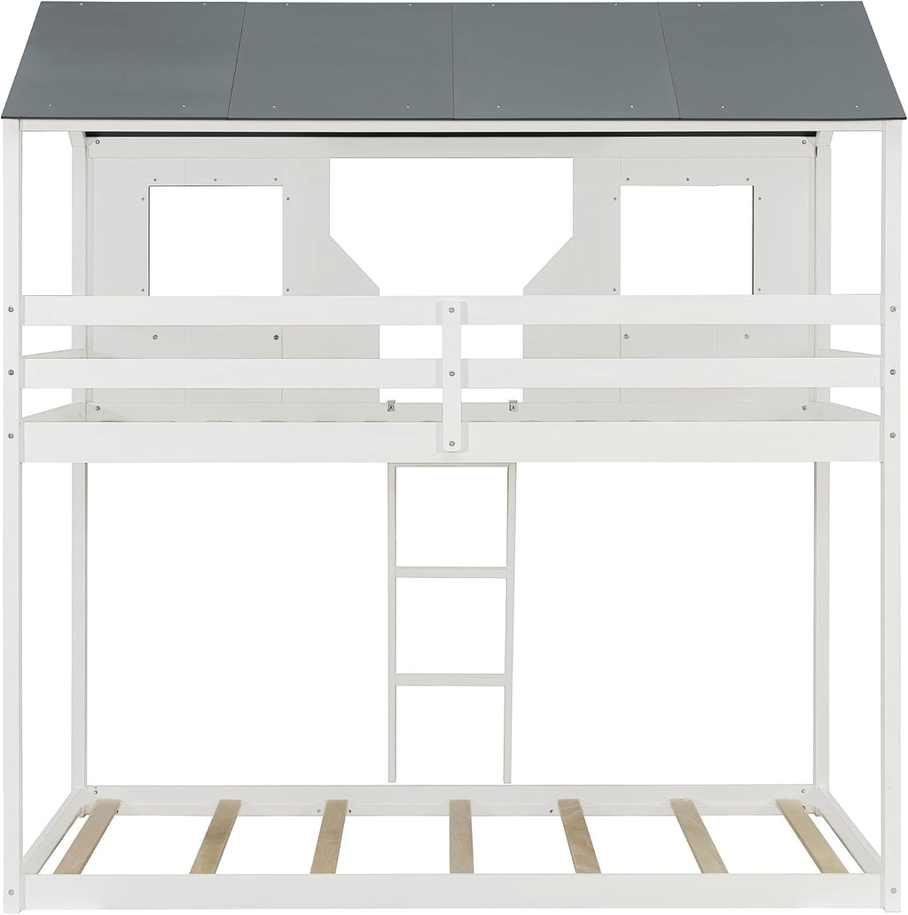 Polibi Twin Over Twin Low Bunk Bed, Wooden House Bed with Roof, 2 Front Windows, 2 Small Shelves, Ladder and Guardrail, White