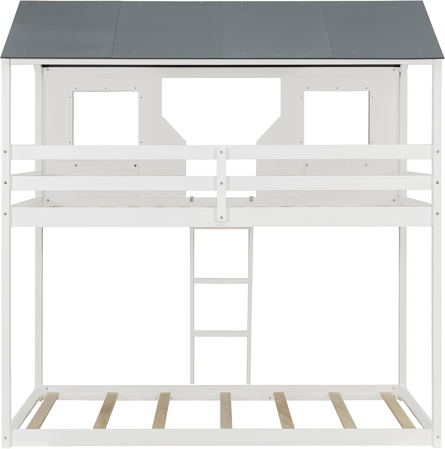 Polibi Twin Over Twin Low Bunk Bed, Wooden House Bed with Roof, 2 Front Windows, 2 Small Shelves, Ladder and Guardrail, White