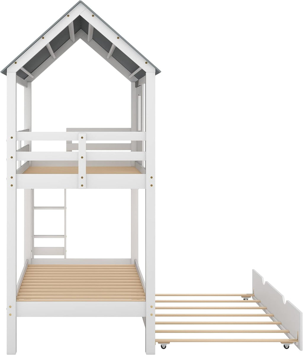 Polibi Twin-Over-Twin House Bunk Bed with Trundle, Twin Size Wooden House Bunk Bed with Roof, Windows, Ladder and Guardrails