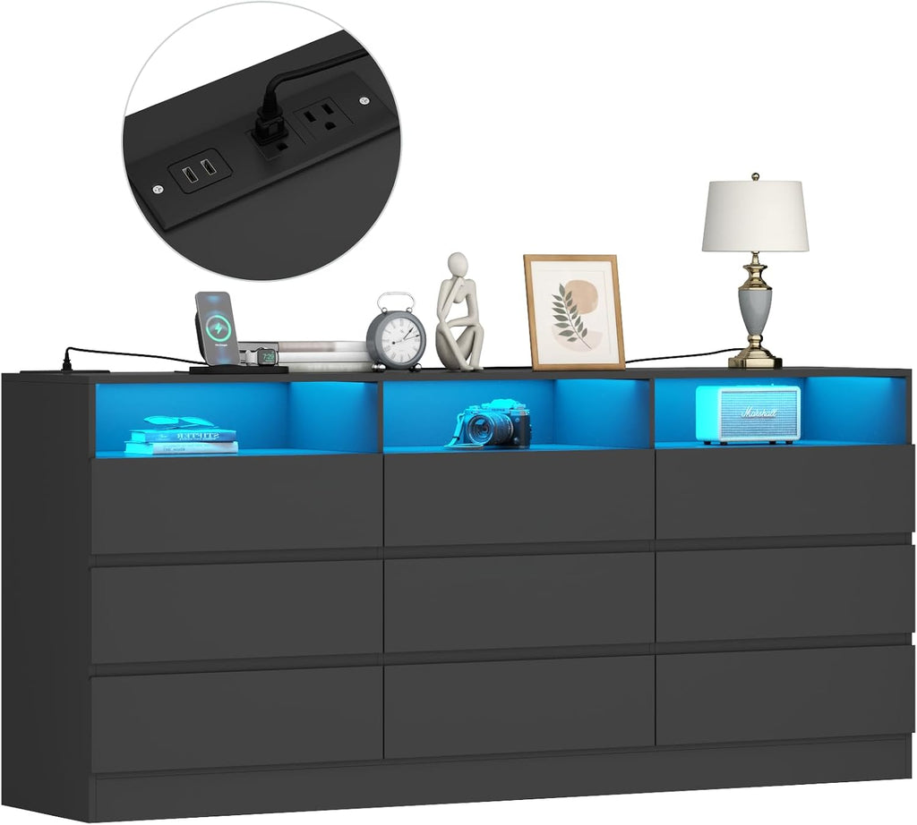 Gyfimoie 9 Drawer Double Dresser with Power Outlet, Accent Chests of Drawers with LED Light, Modern White Storage Dresser with Charging Station (Mirror Not Included) (9 Drawers-Black)