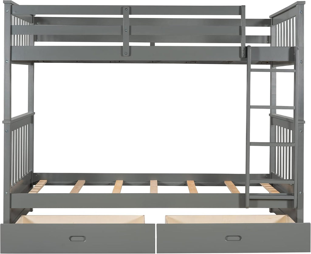 Merax Twin-Over-Twin Bunk Bed with Two Storage Drawers, Solid Wood Twin Size Bunk Bed with Guardrial and Removble Ladder, Can be Converted Into 2 Separate Beds, Grey