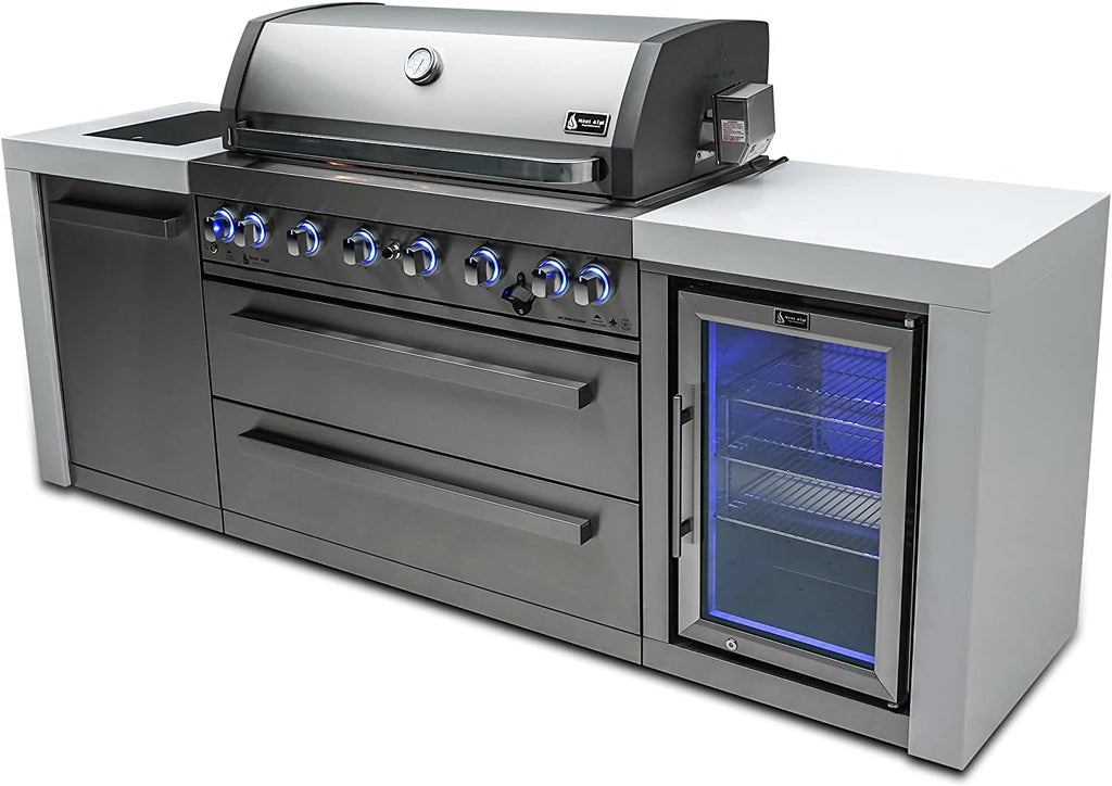 Mont Alpi Deluxe Series Stainless Steel 94'W x 23'D Modular Outdoor Kitchen Island + Side Burner + Refrigerator + 44'W 6-Burner BBQ Gas Grill + White Granite Countertops + Storage Cabinets & Drawers