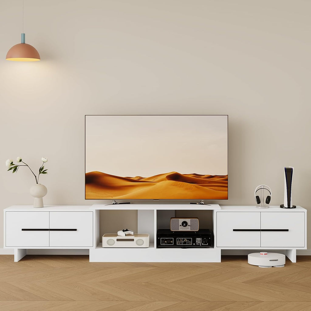 Extendable TV Stand, Modern Media Console for Up to 100 Inch TV, 67'-90' Extendable Entertainment Center with 2 Large Cabinets & Open Shelves, TV Cabinet for Living Room-White
