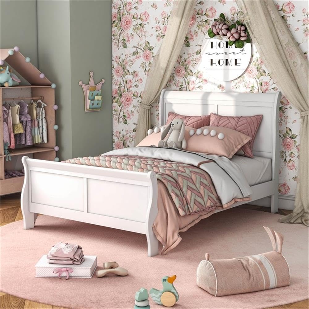 BOWERY HILL Transitional Solid Wood Twin Panel Bed, White Finish, 83.5' L x 41.38' W x 47.25' H, Sleigh Design, Curved Headboard and Footboard, Durable Kids Bedroom Furniture, Box Spring Required