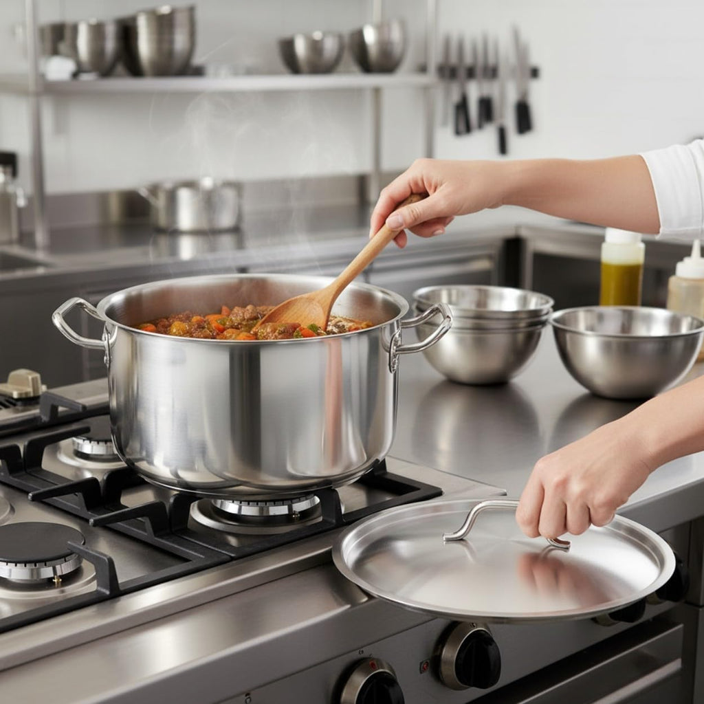 TrueCraftware- 15 Quart Stainless Steel Braiser Pot with Encapsulated Base and Cover- Heavy-Duty Brazier Pot Cookware Braiser for Soup Meat Bread Baking Dishwasher Safe and Oven Safe NSF Certified
