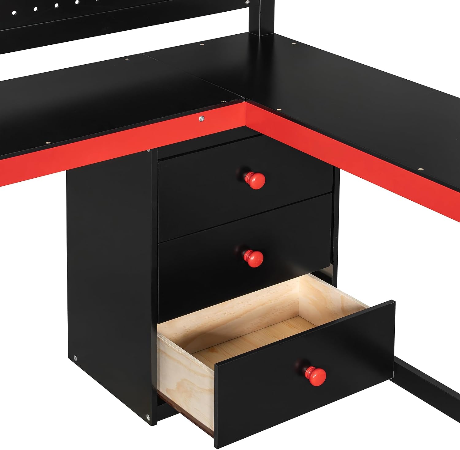 Ball & Cast Gaming Full Size Loft Bed with Storage Stairs,Wood Gamer Loft Bed Frame W/Desk,Shelves and Pegboard,High Loft Bed W/Full-Length Guardrail,Bedroom Furniture for Student Dorms,Black+Red