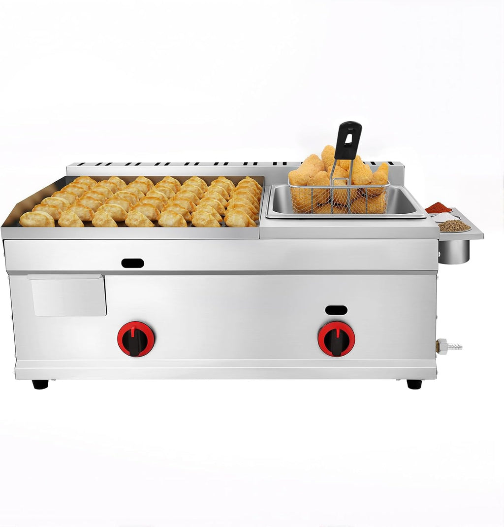 Commercial Deep Fryer, Heavy Duty Manual Flat Top Restaurant Griddle Use Liquefied Gas or Gas, Stainless Steel Portable Grill BBQ Hot Plate Grill and Deep Fryer