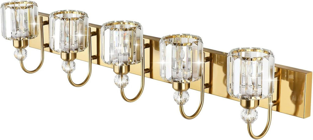 Ralbay Crystal Vanity Lights 5-Lights Brass Gold Over Mirror Modern Bathroom Wall Lighting Fixtures