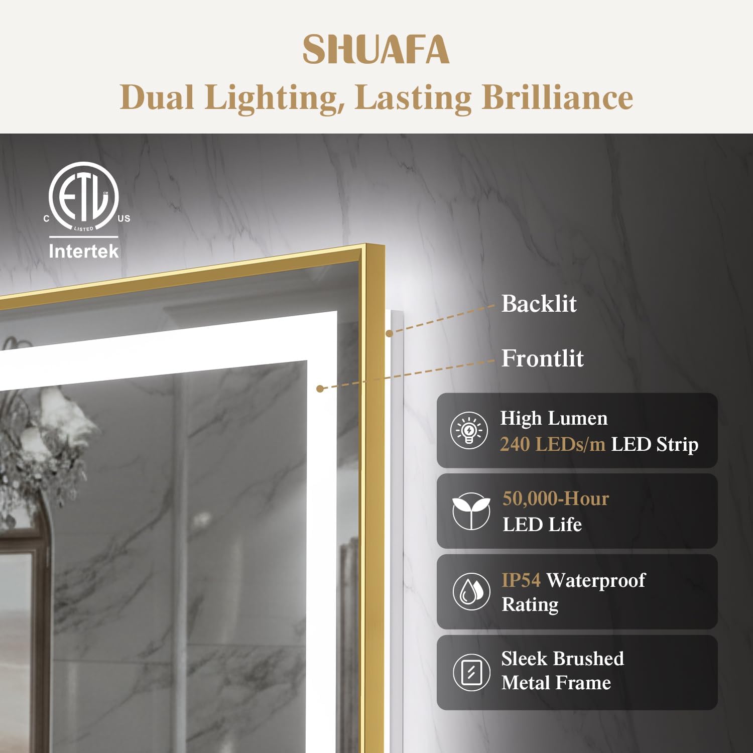 28X36 Inch LED Bathroom Mirror with Lights, Gold Frame Frontlit+ Backlit Bathroom Vanity Mirror for Wall, Ultra-Clear Tempered Glass, Shatter-Proof, Anti-Fog and Memory Function, ETL Listed