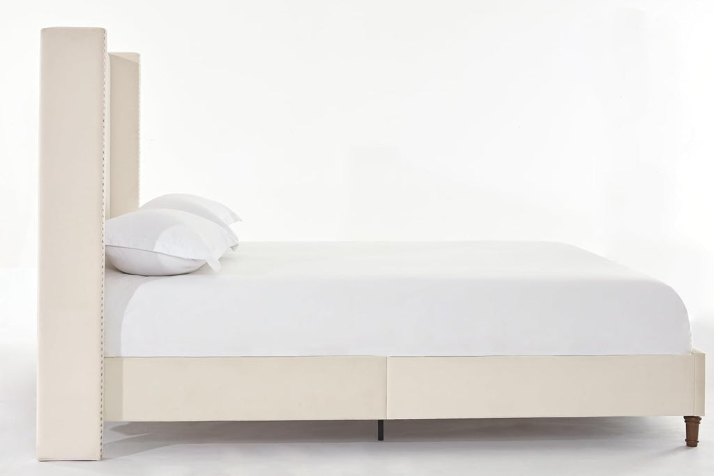 Ball & Cast Queen Bed Frame with Wingback Headboard, Velvet Upholstered Platform Bed with Strong Wooden Slats, Button Tufted and Nailhead Trim Design,No Box Spring Needed,Ivory