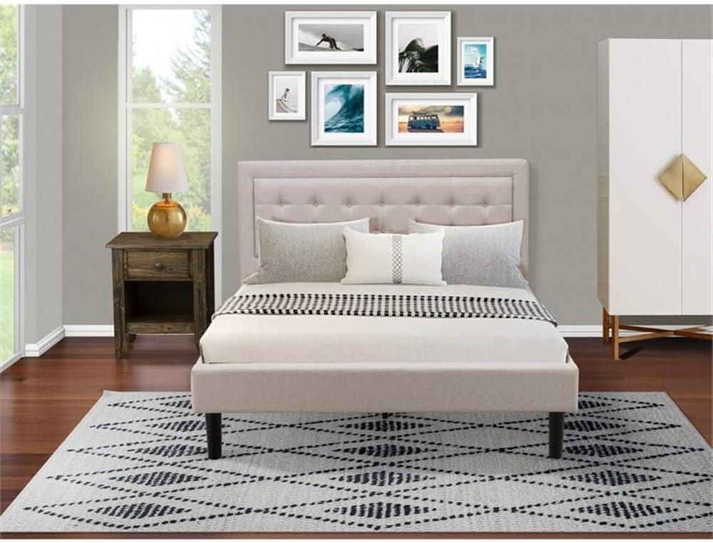 East West Furniture FN08Q-1GA0C 2-Piece Platform Queen Bed Set Furniture with 1 Queen Size Frame and a Mid Century Nightstand - Reliable and Durable Construction - Mist Beige Linen Fabric