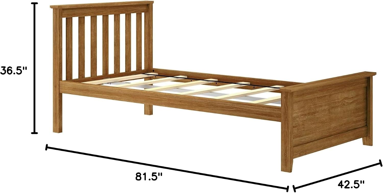 Max & Lily Twin Bed Frame with Slatted Headboard, Solid Wood Platform Bed for Kids, No Box Spring Needed, Easy Assembly, Pecan