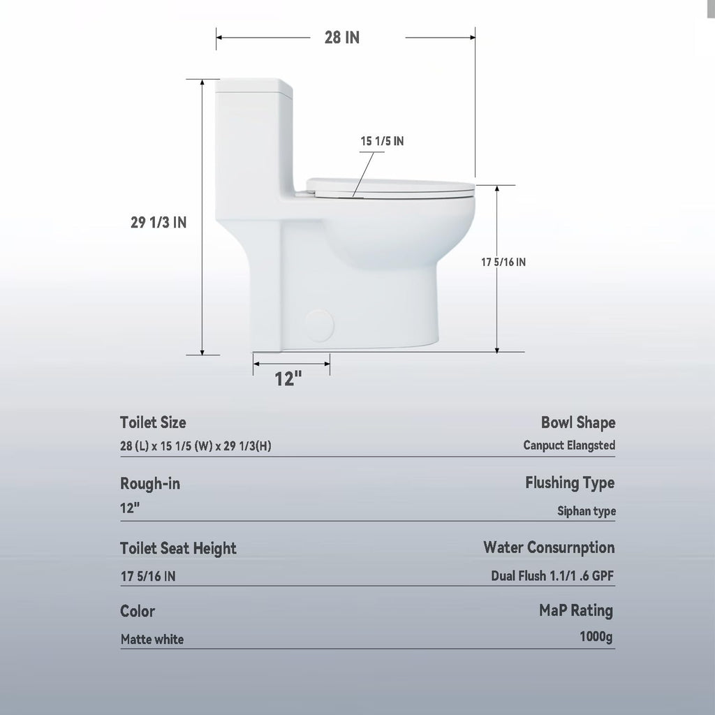 Elongated One Piece Toilet with ADA Comfort Height, Seat Chair Height 17.3' Modern Toilet for Bathroom, Dual Flush 0.8/1.6 GPF, MAP 1000g, 12' Rough-In, Soft Closing Seat, Glossy White