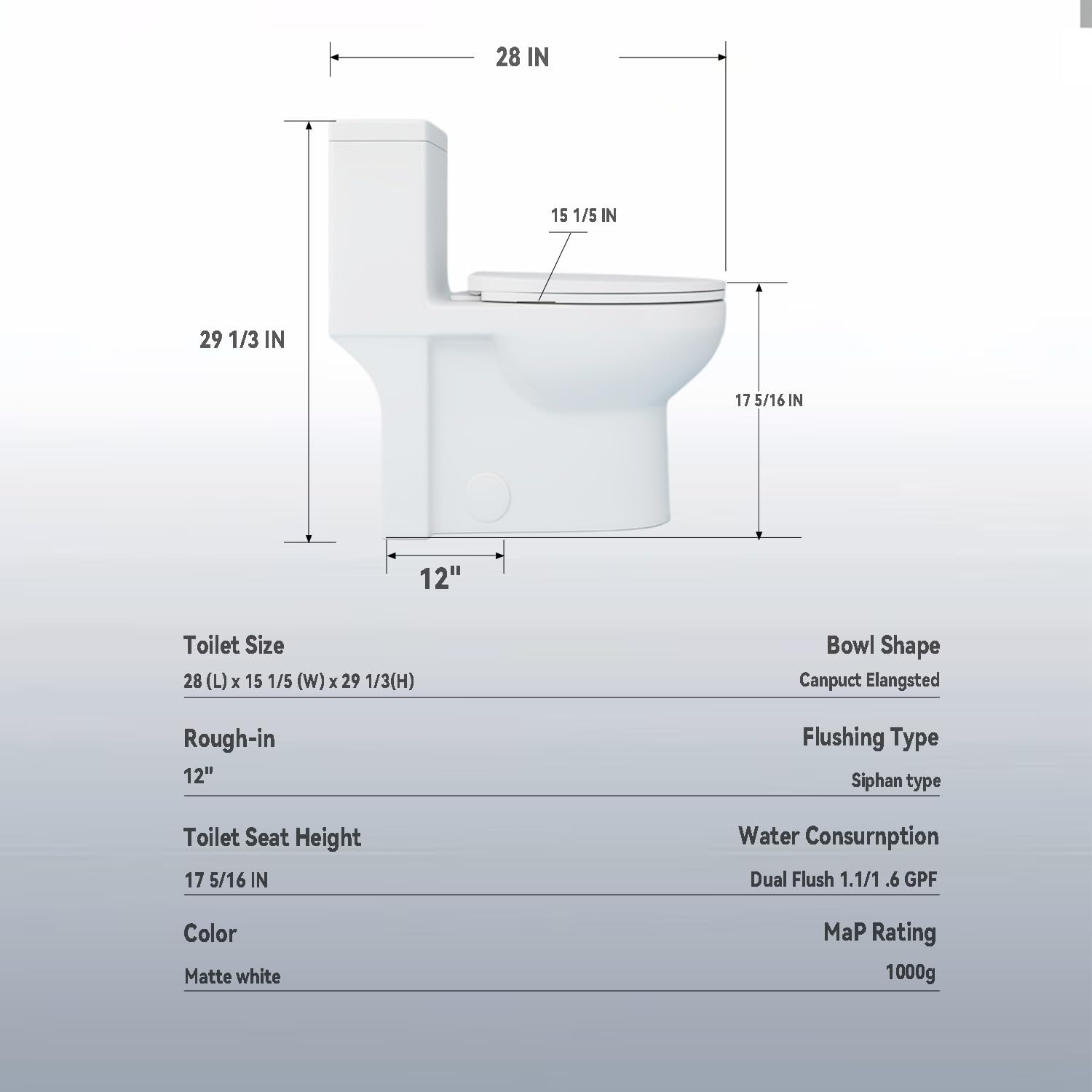 Elongated One Piece Toilet with ADA Comfort Height, Seat Chair Height 17.3' Modern Toilet for Bathroom, Dual Flush 0.8/1.6 GPF, MAP 1000g, 12' Rough-In, Soft Closing Seat, Glossy White