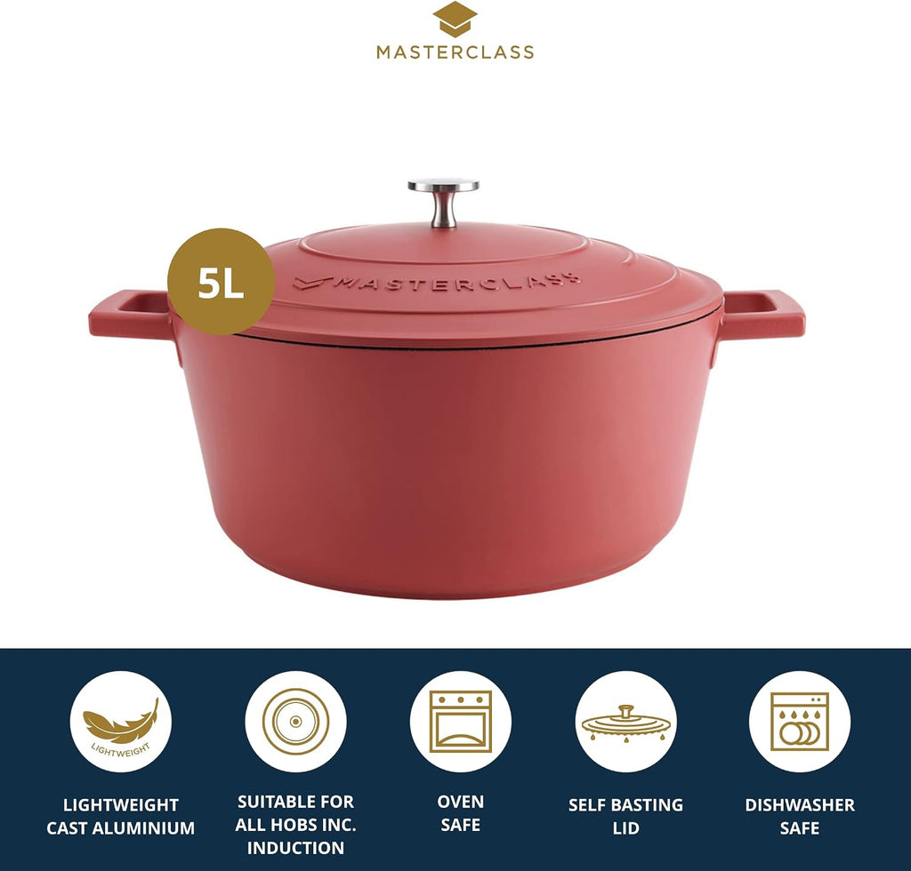 MasterClass Cast Aluminium Red Casserole Dish, 28cm, 5 Litre, Gift Boxed