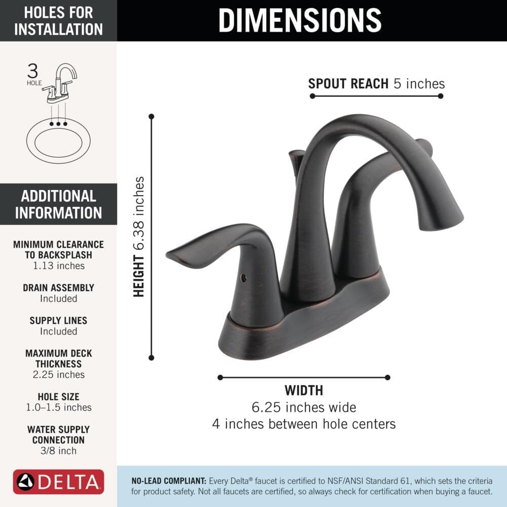 Delta Lahara Centerset Oil Rubbed Bronze Bathroom Faucet, 4 Inch 3 Hole Bathroom Sink Faucet for Vanity, Metal Push-Pop Drain Assembly, Venetian Bronze 2538-RBMPU-DST