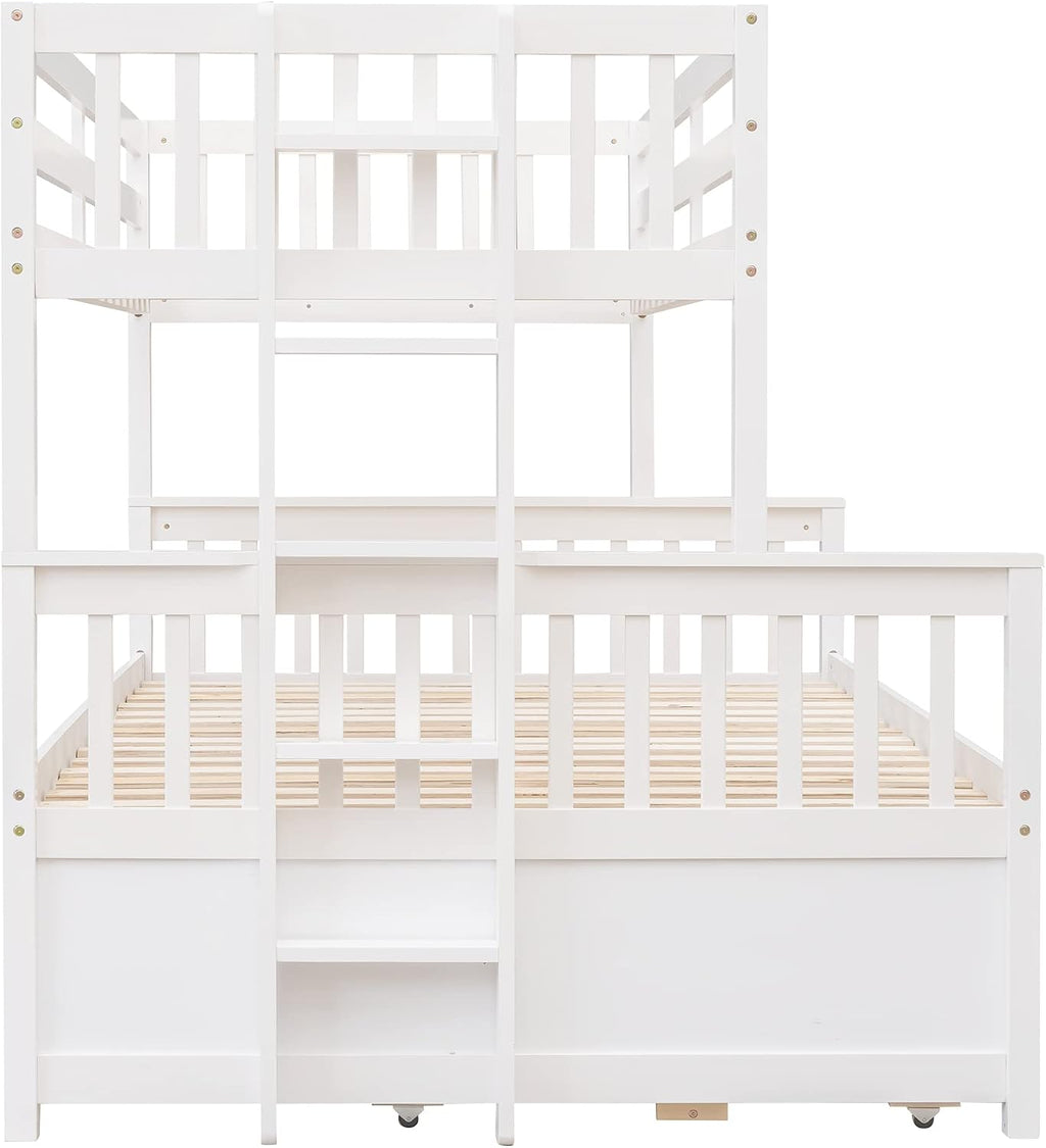 Harper & Bright Designs Twin Over Full Bunk Bed with Trundle, Solid Wood Bunk Bed Frame with Storage Drawers, for Kids Teens Adults (White)