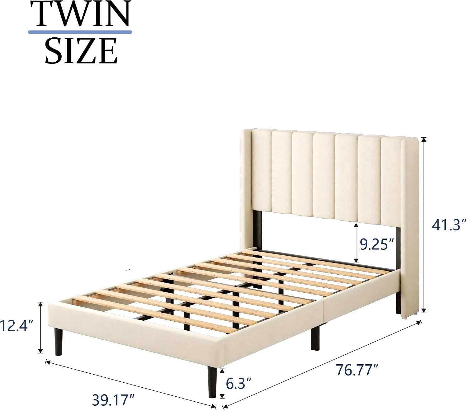 Gruwans Twin Size Bed Frame with Upholstered Wingback Headboard, Easy Assemnly Platform Bed, Wooden Slat Support No Box Spring Needed, Cream
