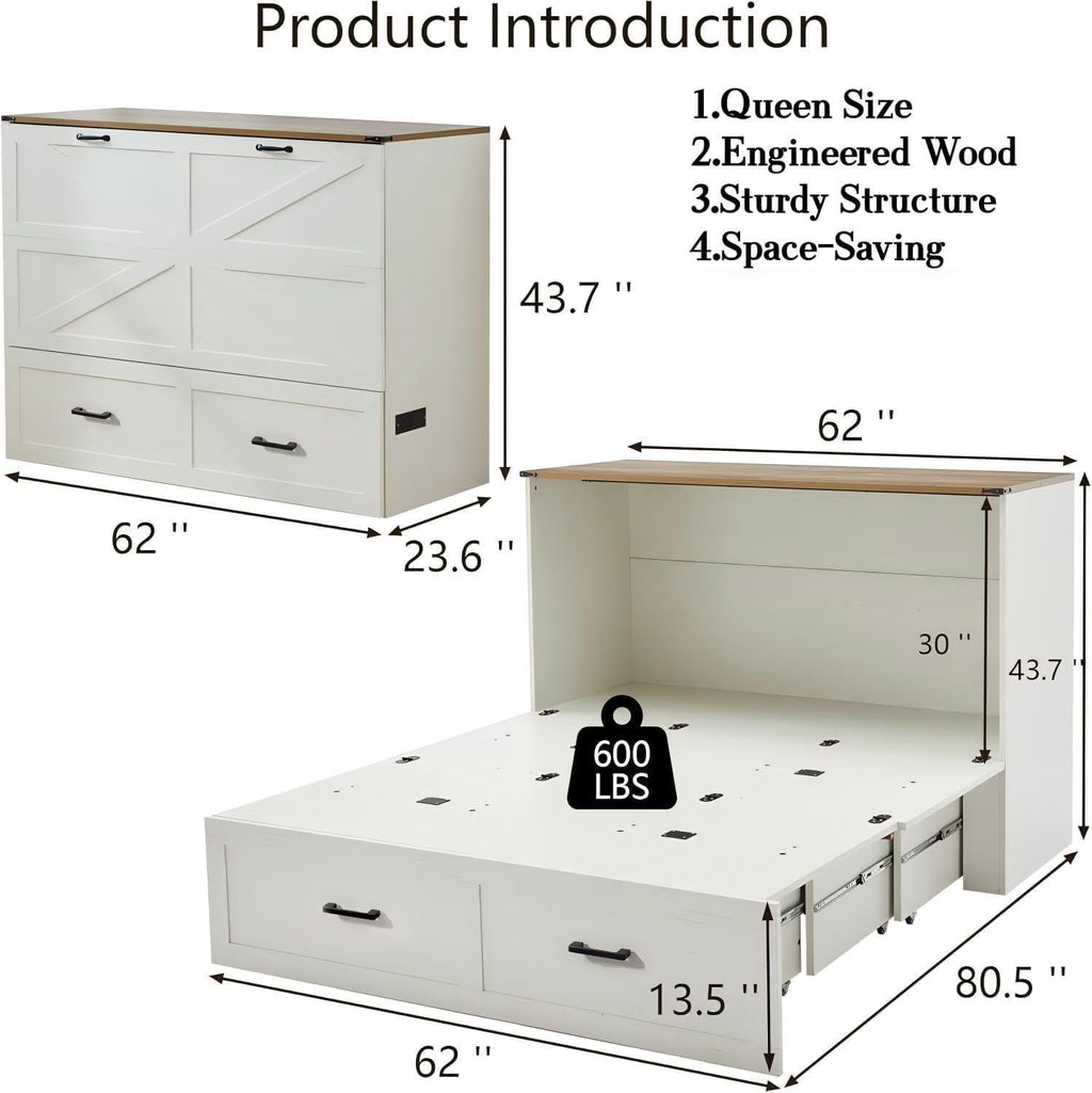Murphy Bed, Queen Size Bed Frame with Storage Cabinet, Large Drawers for Bedroom, Living Room, Guest Bedroom, Home Office（Queen Size）
