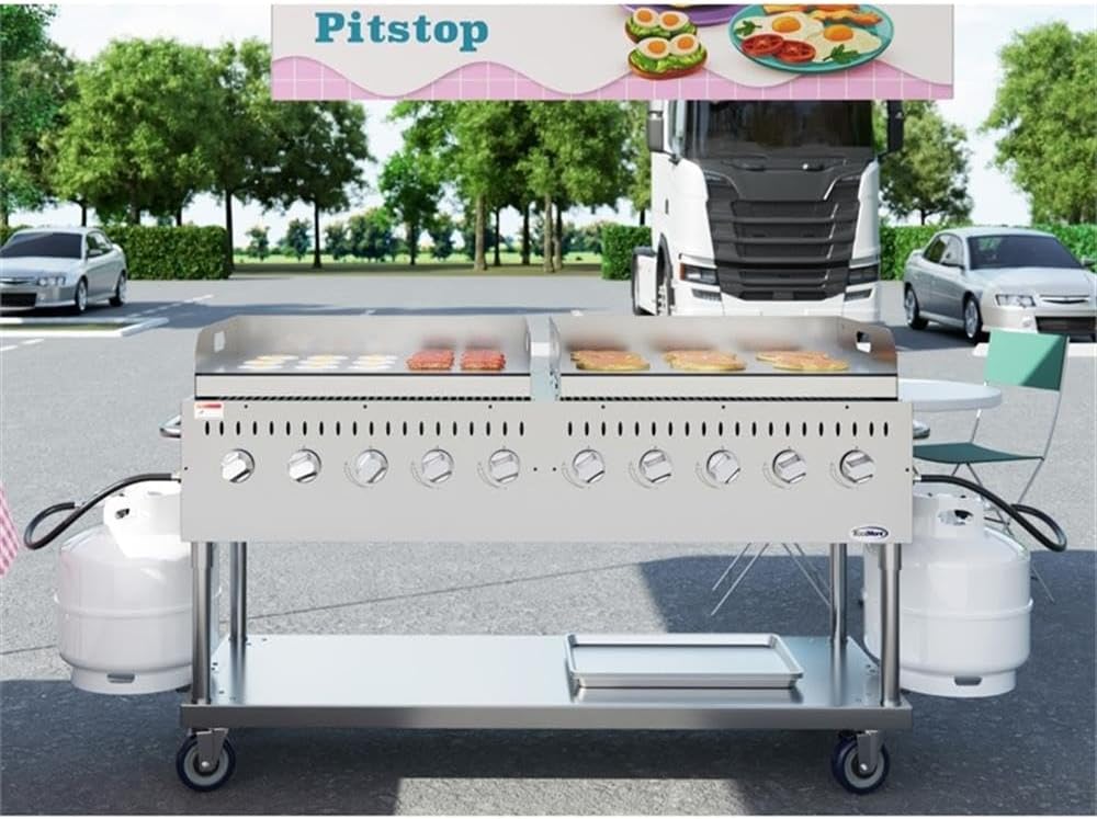 Pemberly Row 72' Stainless Steel Commercial Outdoor Propane Grill – 10 Burners, Dual Griddles, Heavy Duty BBQ Gas Grill