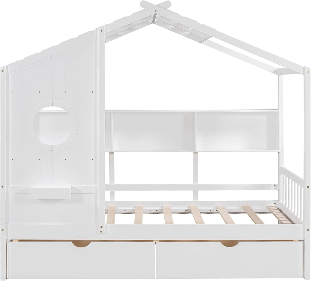MERITLINE Twin Size Kids House Bed with 2 Drawers and Storage Shelf, Wooden Kids Montessori Bed Frame (White)