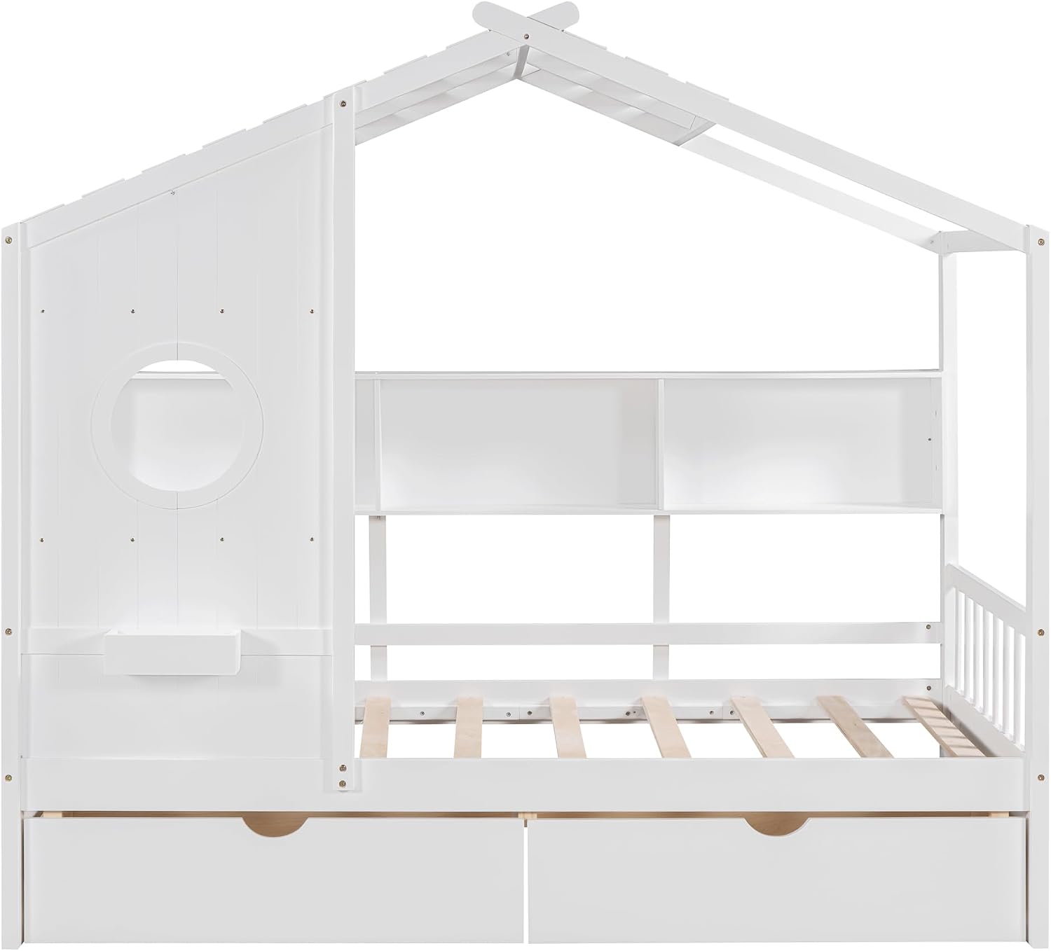 MERITLINE Twin Size Kids House Bed with 2 Drawers and Storage Shelf, Wooden Kids Montessori Bed Frame (White)